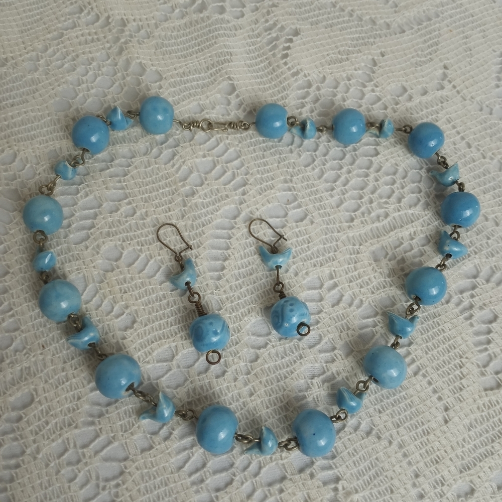 Vintage Glazed Ceramic Blue Bird Bead Handmade Dangle Earrings Choker Necklace